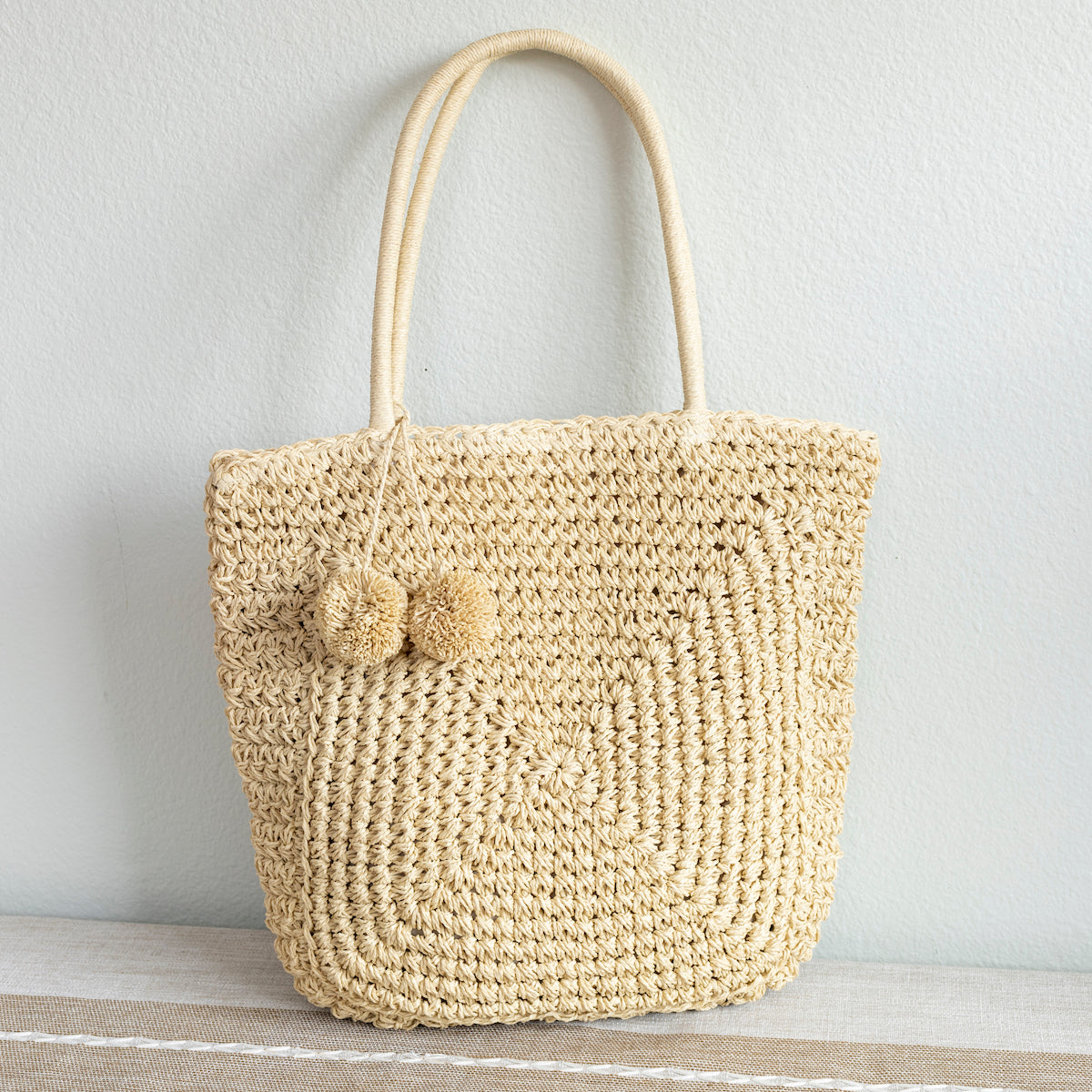 Elena Handbags Patterned Straw Woven Tote with Pom Pom