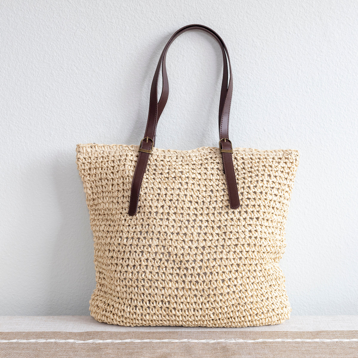 Elena Handbags Straw Woven Tote Bag with Leather Strap