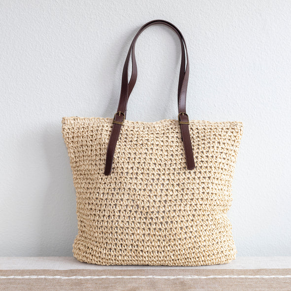 Elena Handbags Straw Woven Tote Bag with Leather Strap