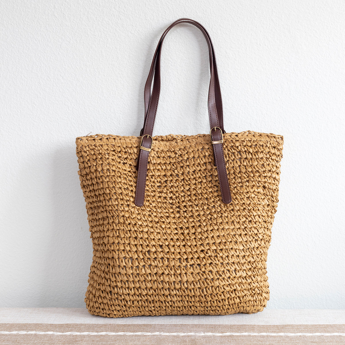 ★ELENA★ ストロー ウーブン トートバッグ 3種 Elena Handbags Straw Woven Tote Bag with Leather Strap