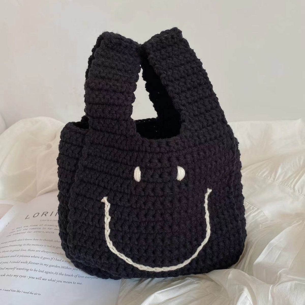 Elena Handbags Cotton Knitted Shoulder Bag with Smiley Face