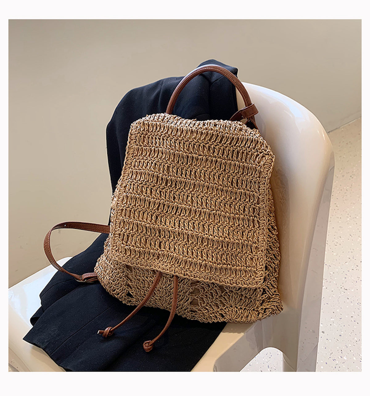 Elena Handbags Straw Backpack with Leather Strap