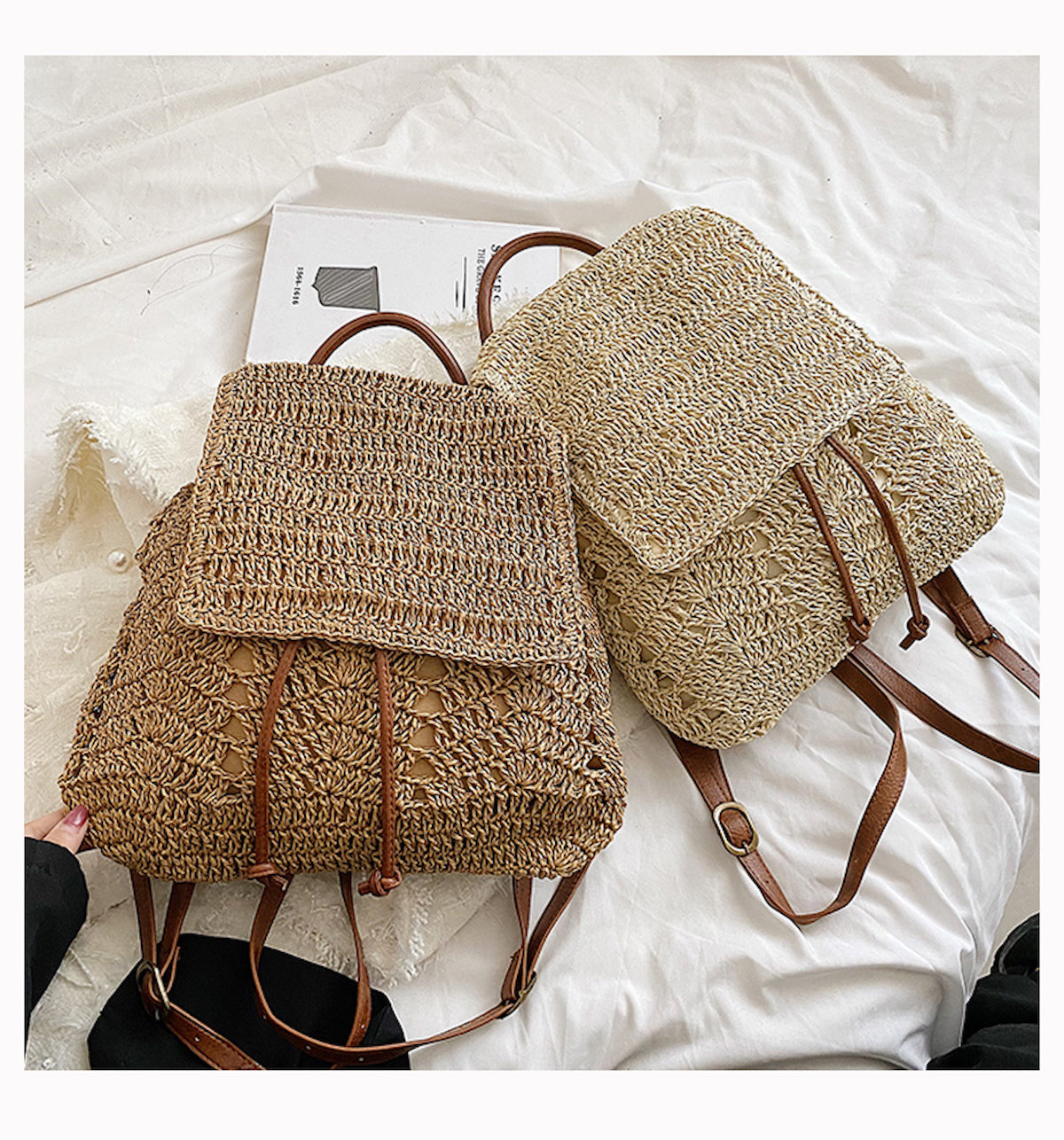 Straw Backpack with Leather Strap White