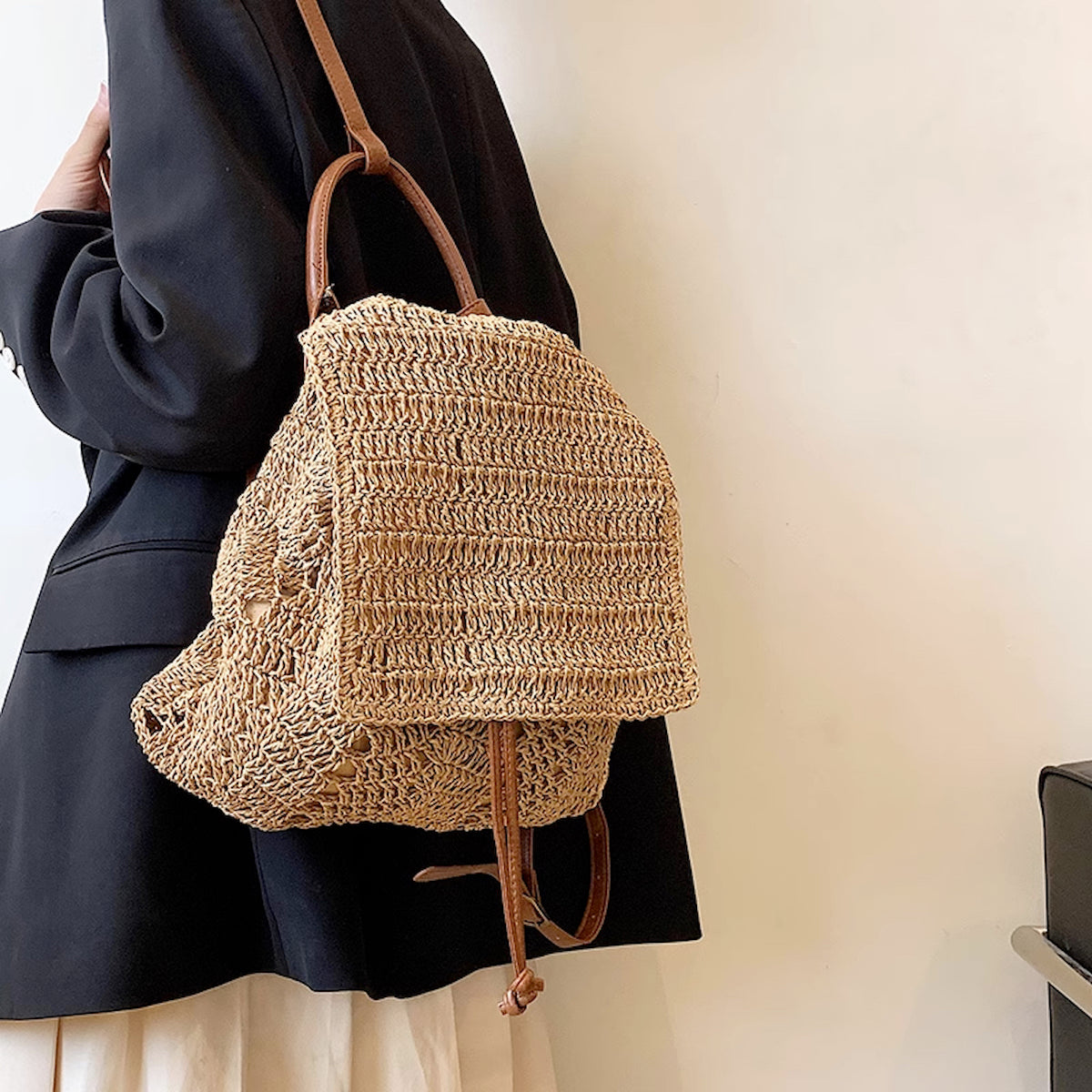 Elena Handbags Straw Backpack with Leather Strap