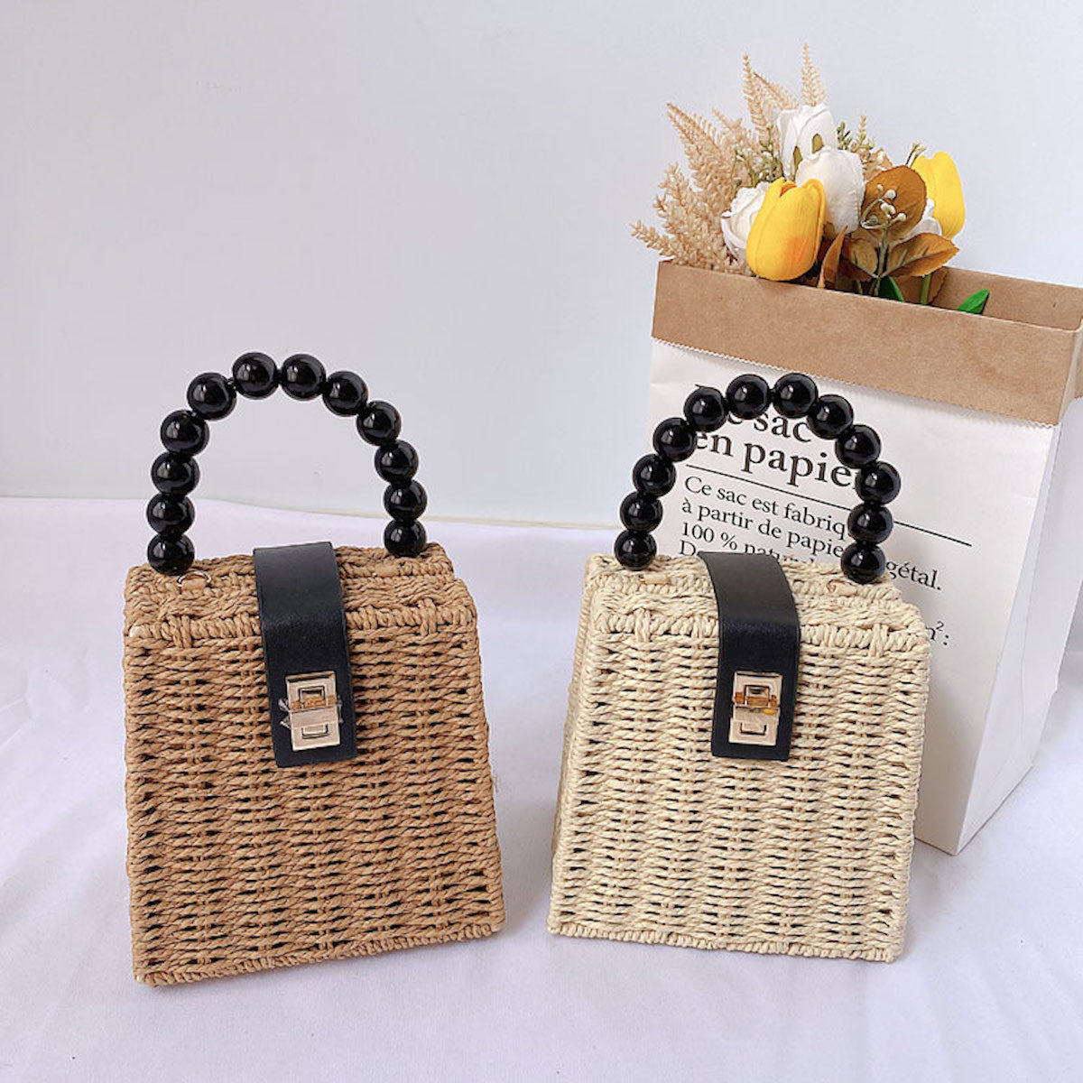 Elena Handbags Straw Woven Box Purse