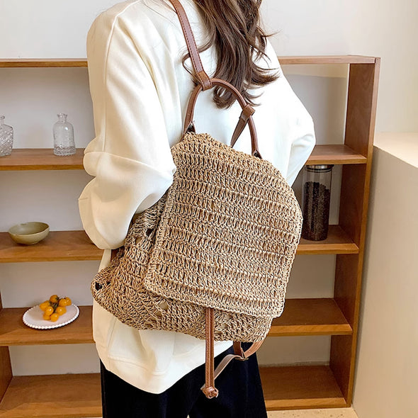 Elena Handbags Straw Backpack with Leather Strap