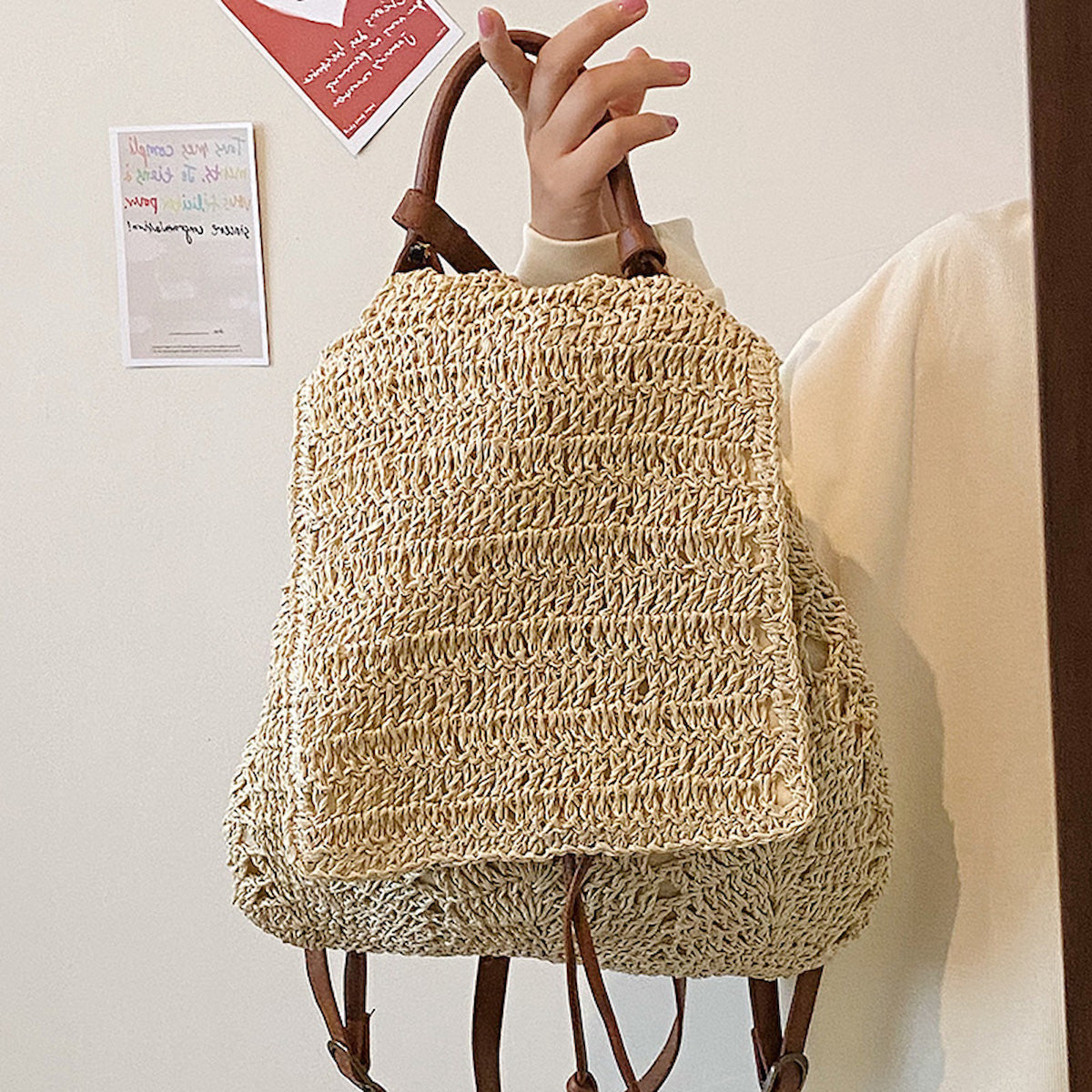 Elena Handbags Straw Backpack with Leather Strap