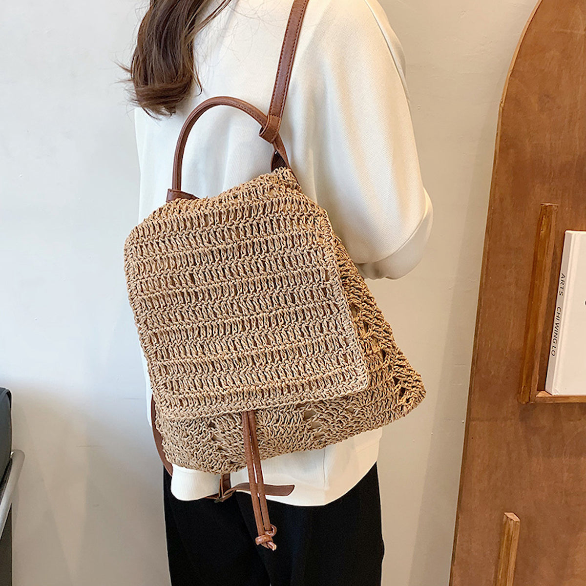 Elena Handbags Straw Backpack with Leather Strap