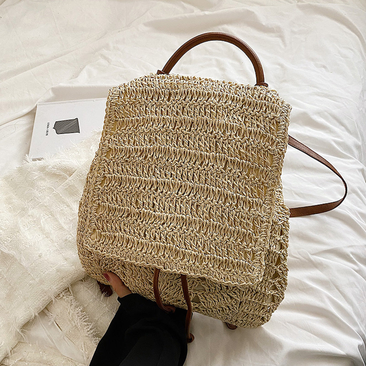 Elena Handbags Straw Backpack with Leather Strap