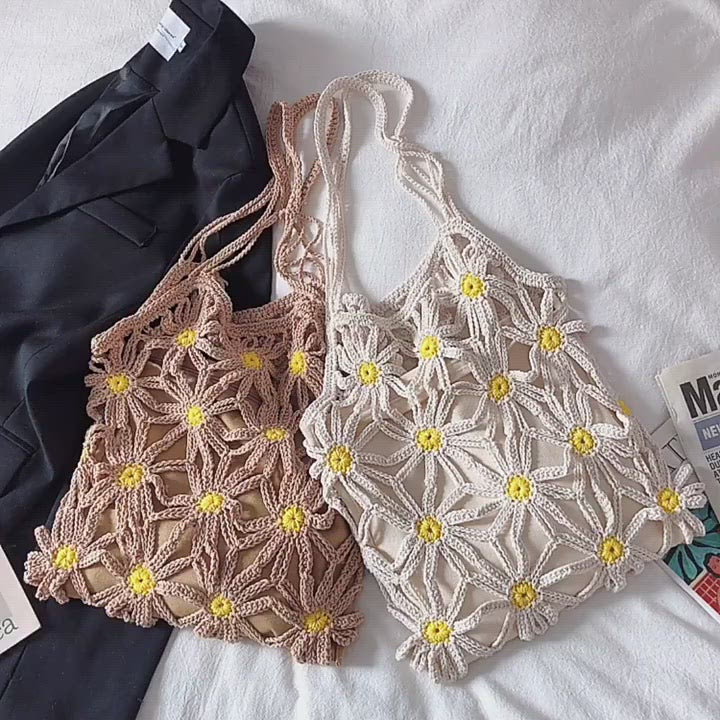 Retro Daisy Cotton Knitted Shoulder Bag